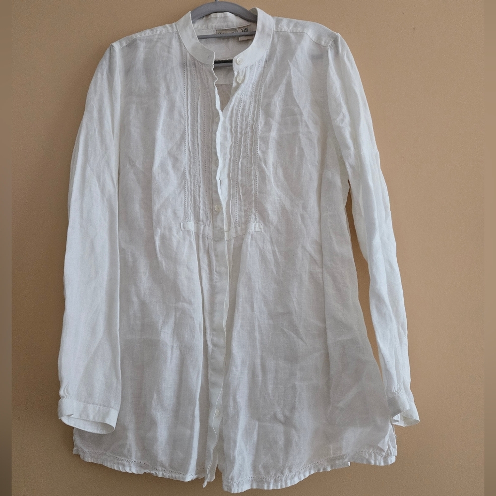 L.L. Bean 100% Linen Women's White Casual Button Down Shirt